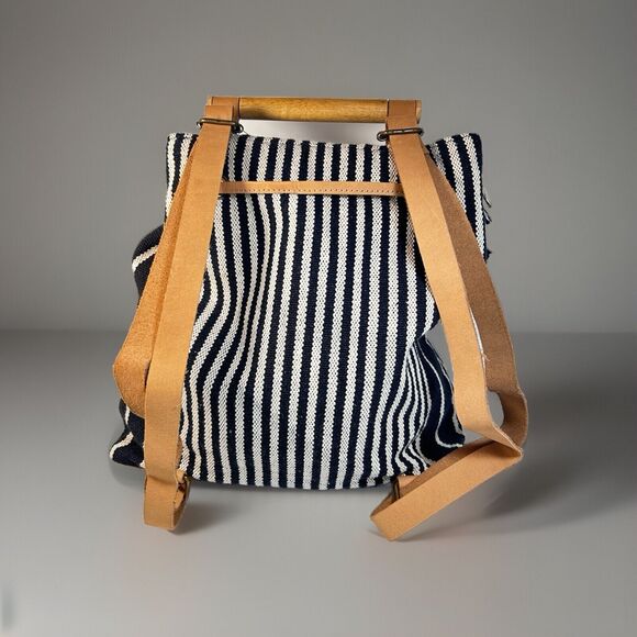World Market Boho Backpack Purse Black White Stripe Fringe Wood Handle Woven - Picture 2 of 6